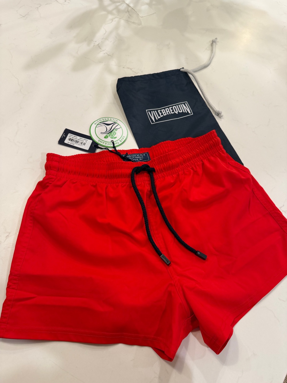 Vilebrequin Men’s Bright Red Rouge Swim Shorts with Black Drawstring